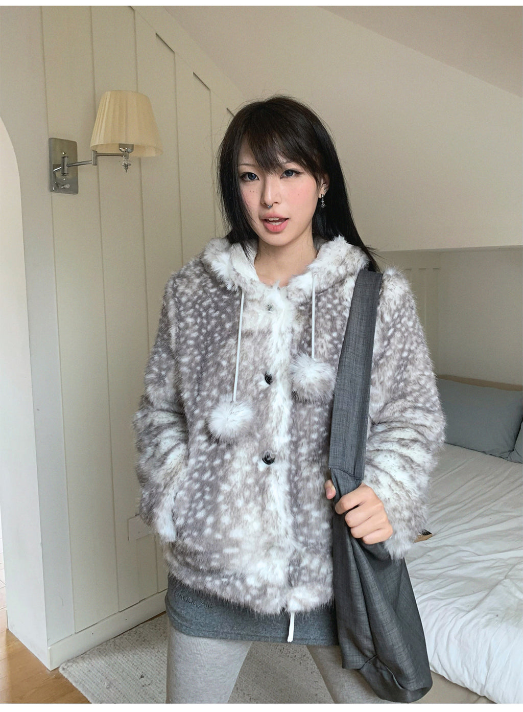 Christmas Reindeer Print Faux Fur Coat