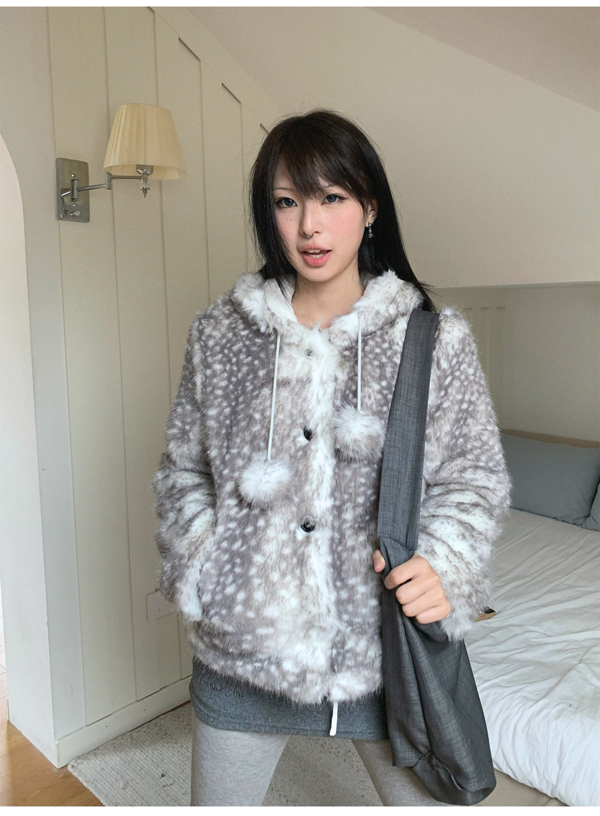 Christmas Reindeer Print Faux Fur Coat