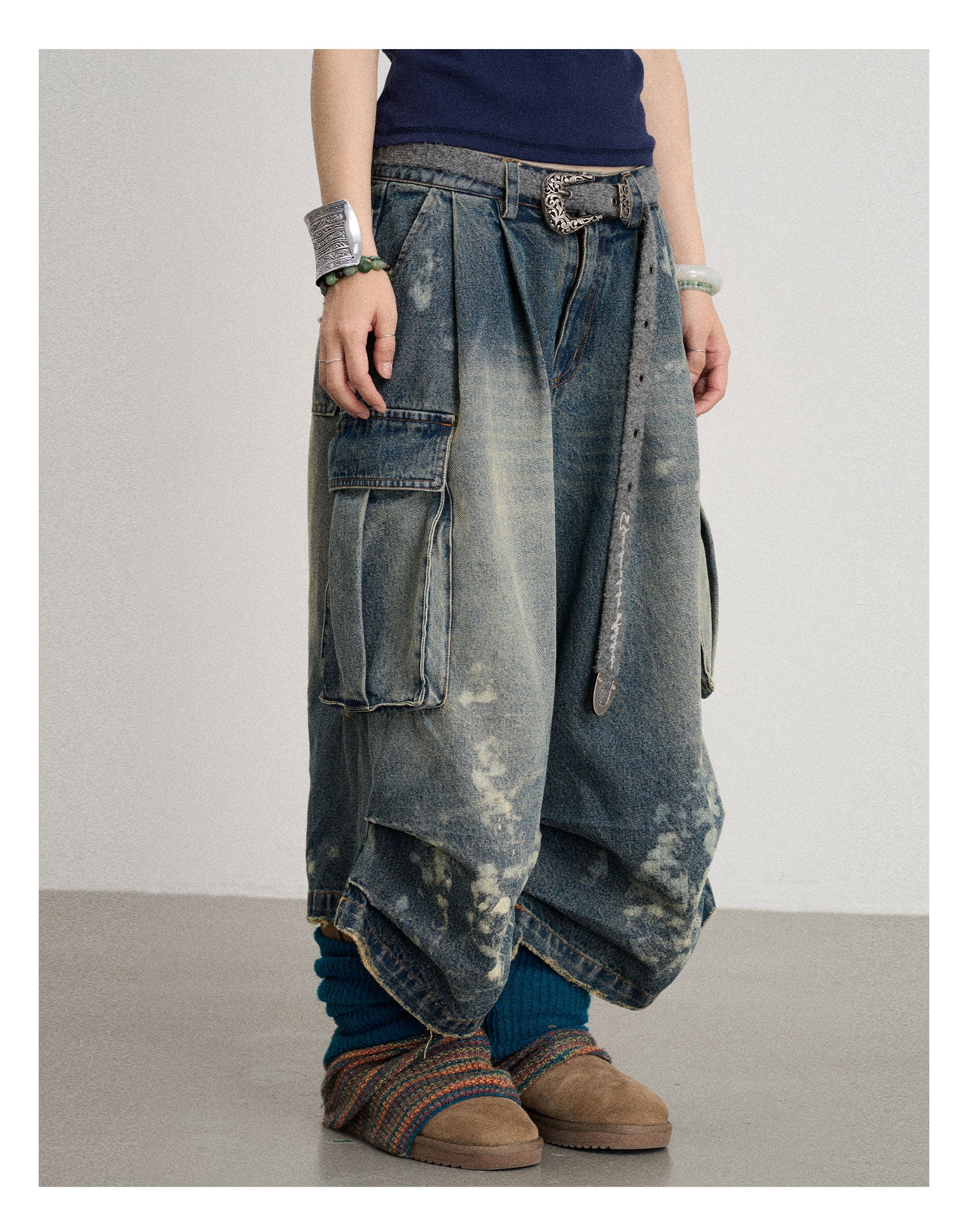 Distressed White Washed Utility Capri Jeans