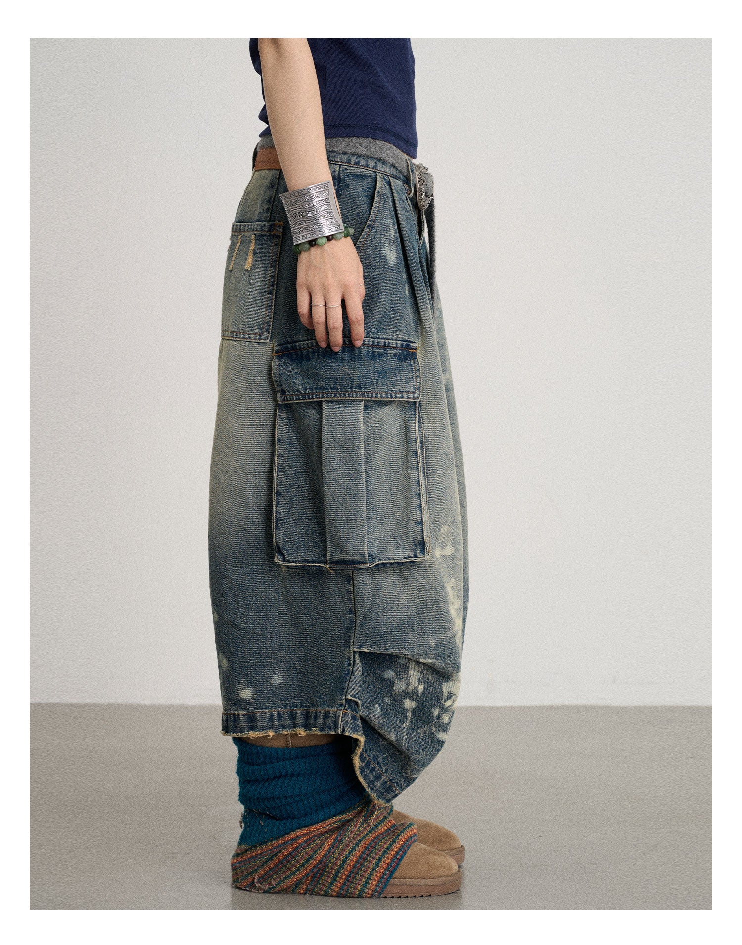 Distressed White Washed Utility Capri Jeans