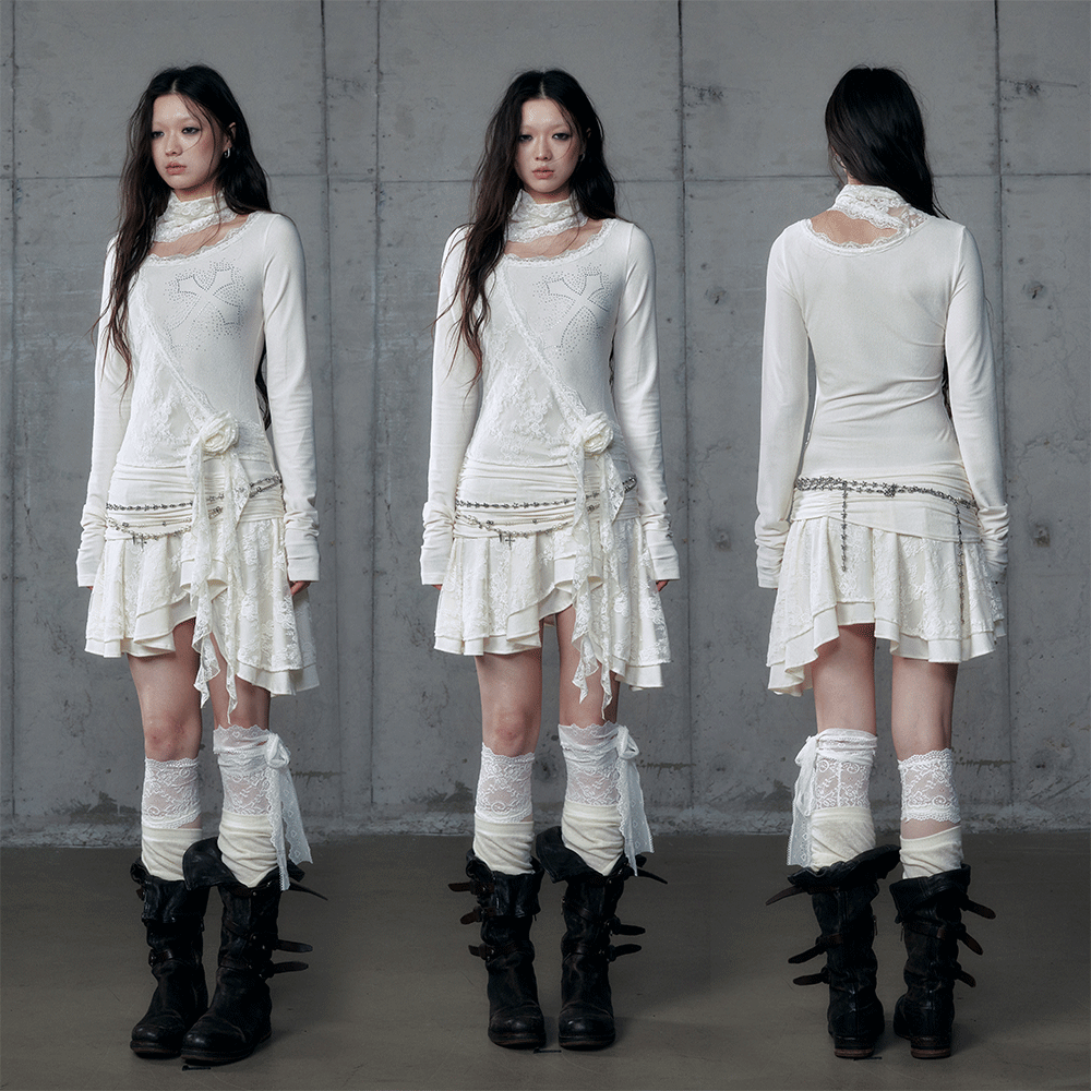 Mock Two-Piece Stacked Neck Off-Shoulder Dress