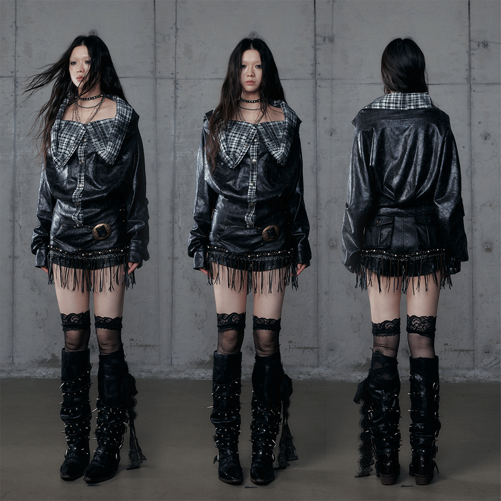 Deconstructed Checkered Waist-Cinching Reversible Leather Hoodie