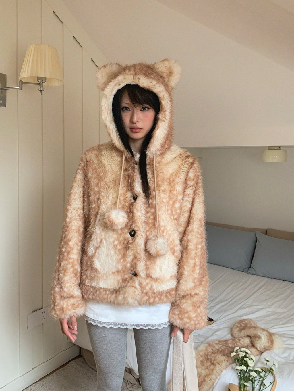 Christmas Reindeer Print Faux Fur Coat