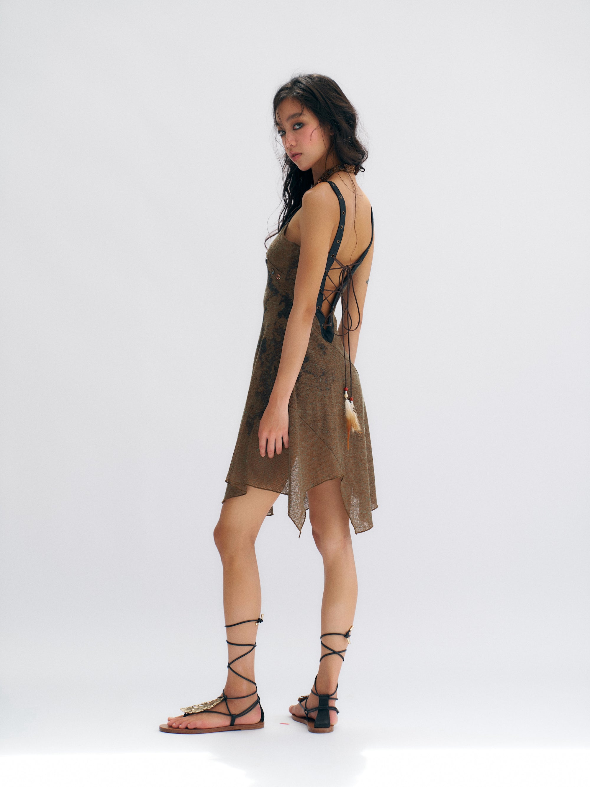 Brown Linen Tie-Waist Dress