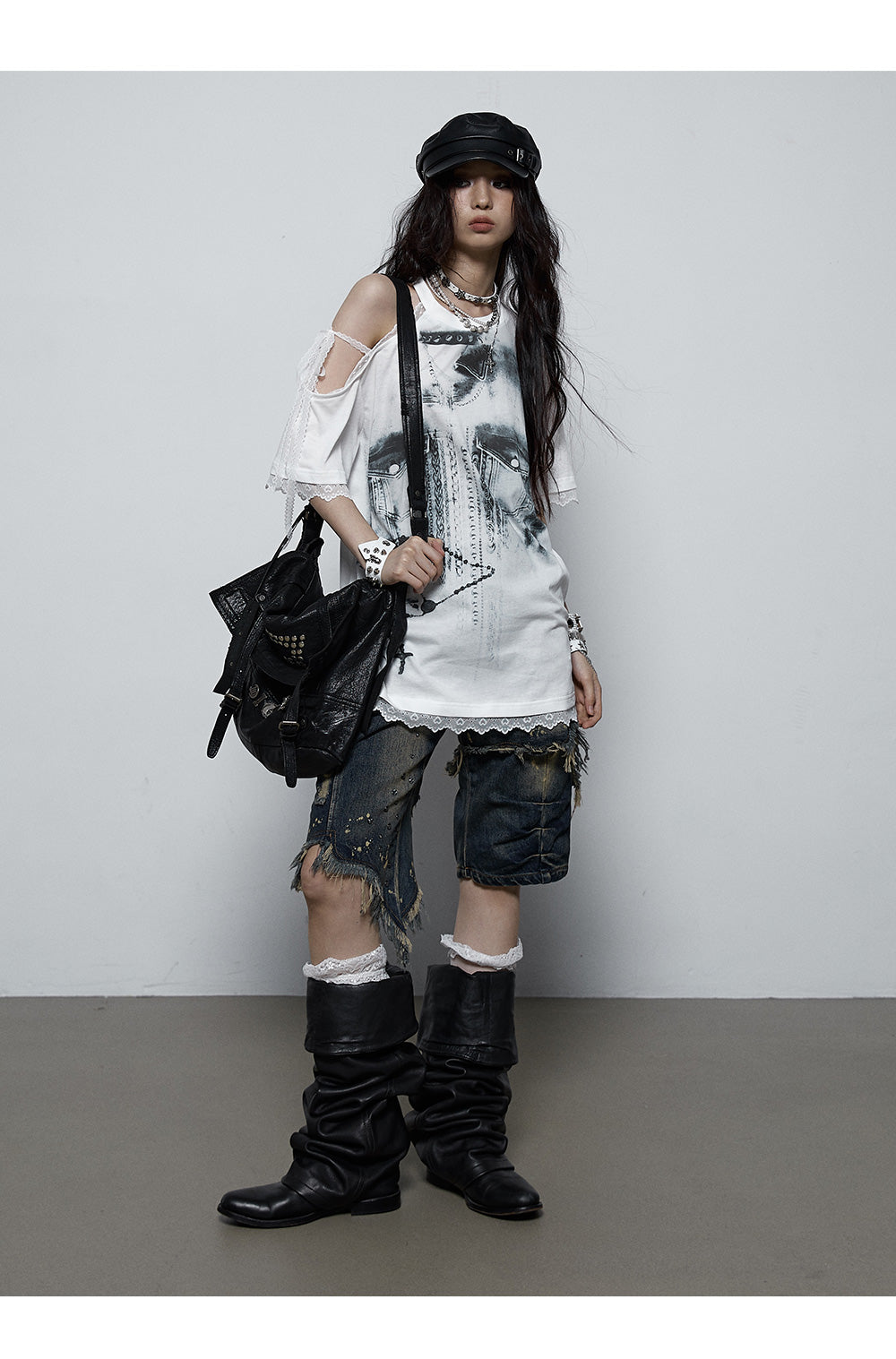 Splicing Lace Strapless Loose T-shirt