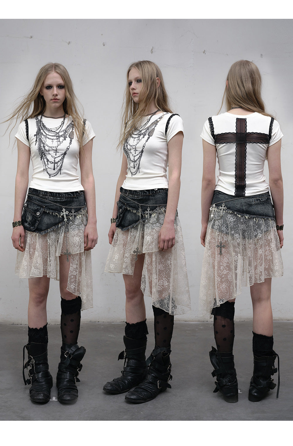 Lace Denim Asymmetrical Skirt