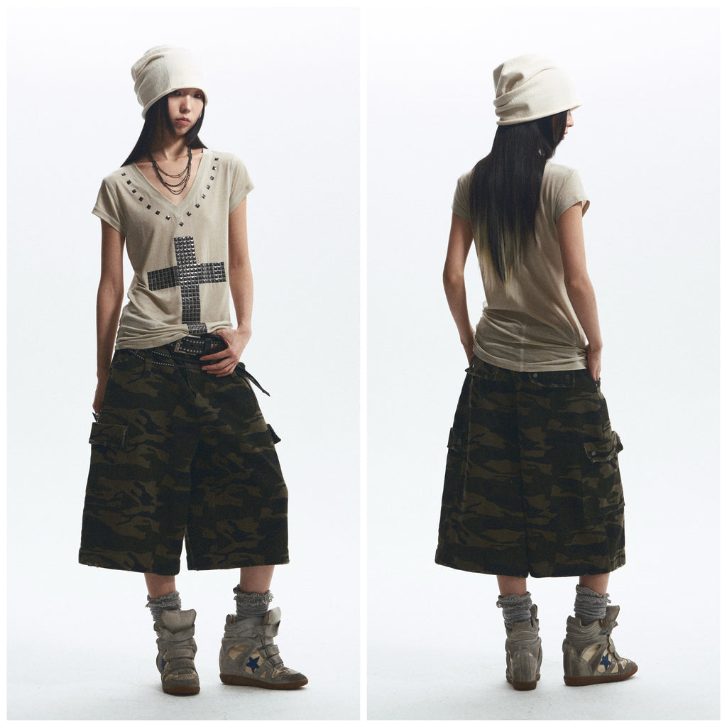 Baggy Straight-Leg Camo Pants with Detachable Cuffs (Includes Belt) ｜Presale