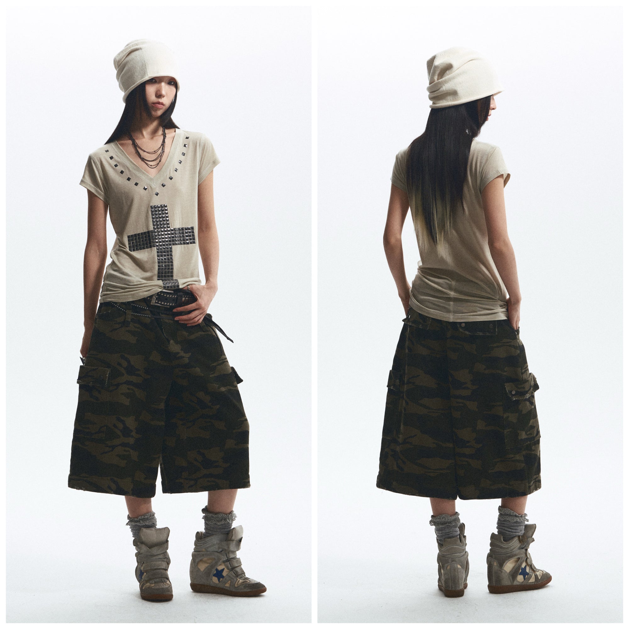 Baggy Straight-Leg Camo Pants with Detachable Cuffs (Includes Belt) ｜Presale