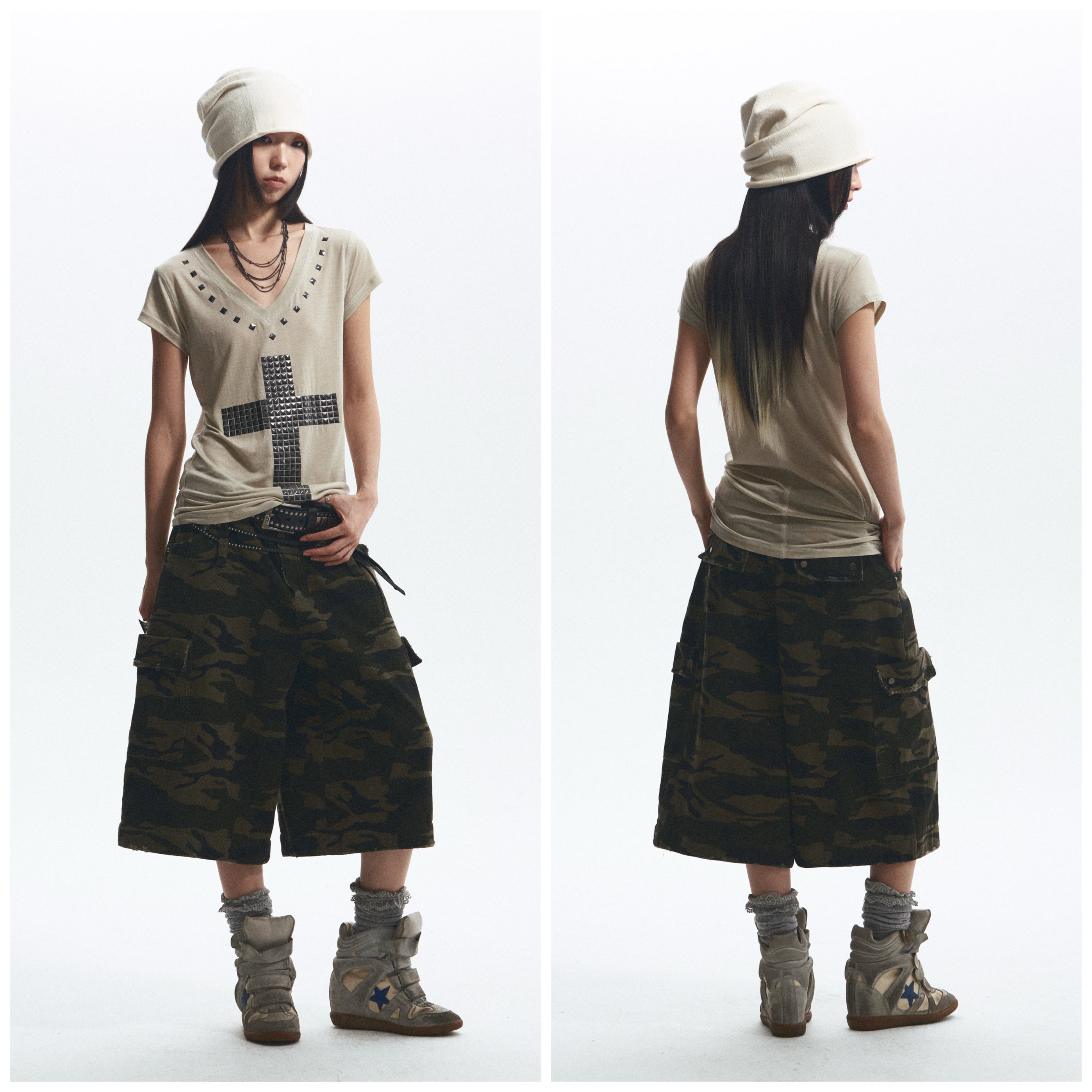 Baggy Straight-Leg Camo Pants with Detachable Cuffs (Includes Belt) ｜Presale