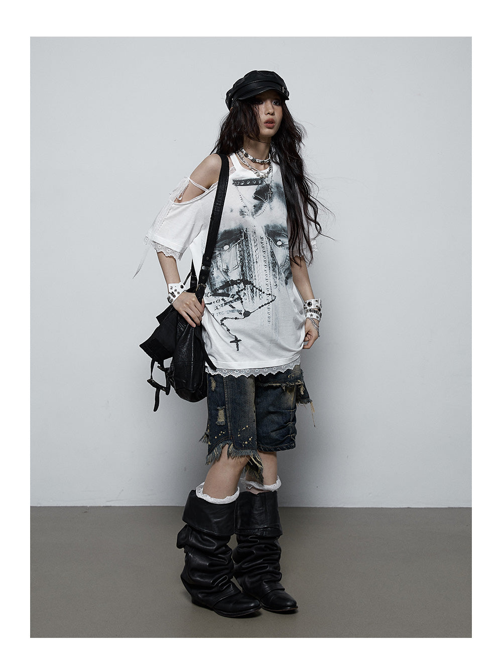 Splicing Lace Strapless Loose T-shirt