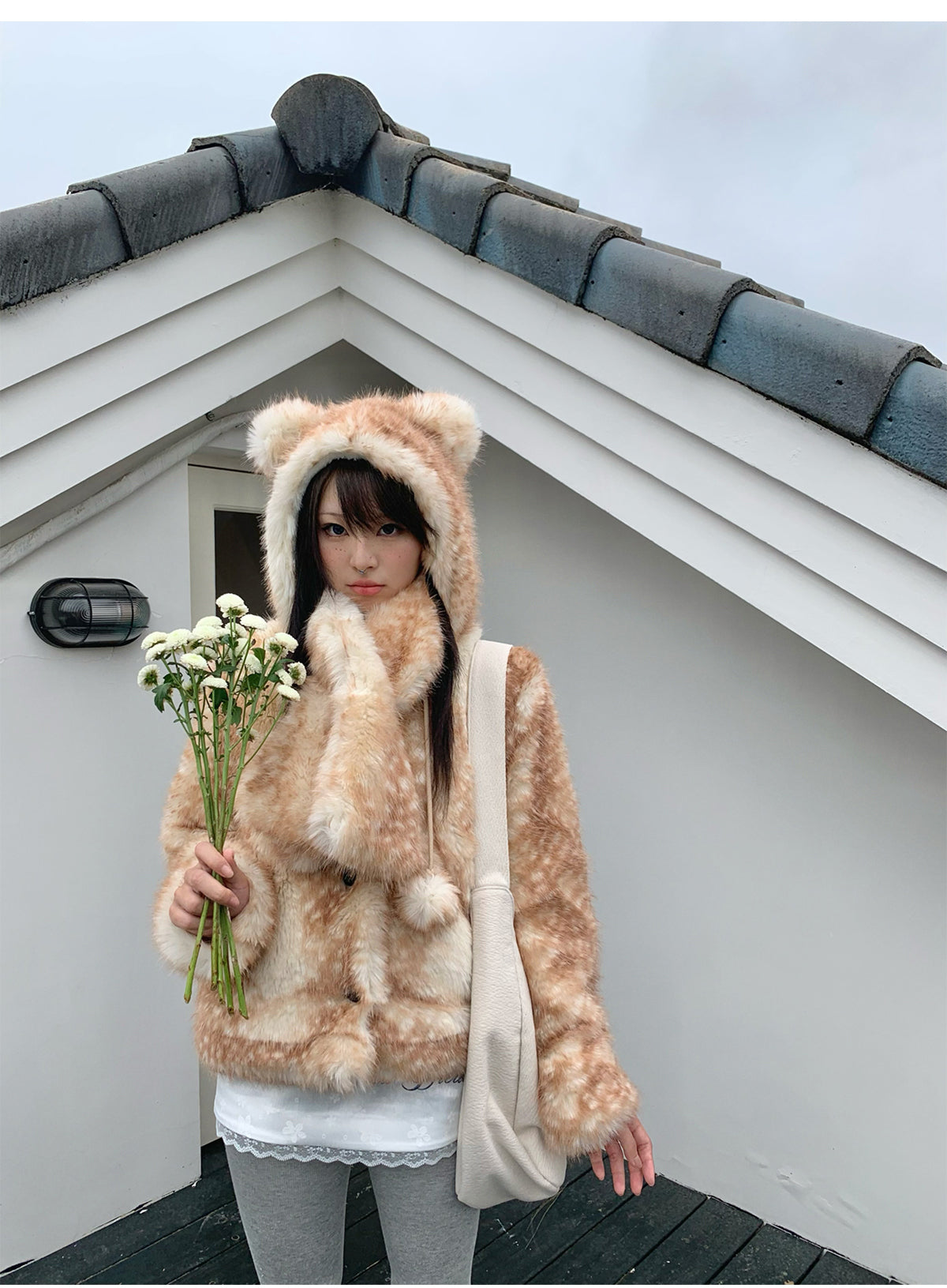 Christmas Reindeer Print Faux Fur Coat