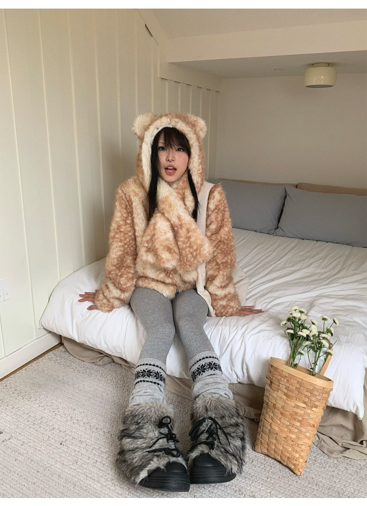 Christmas Reindeer Print Faux Fur Coat
