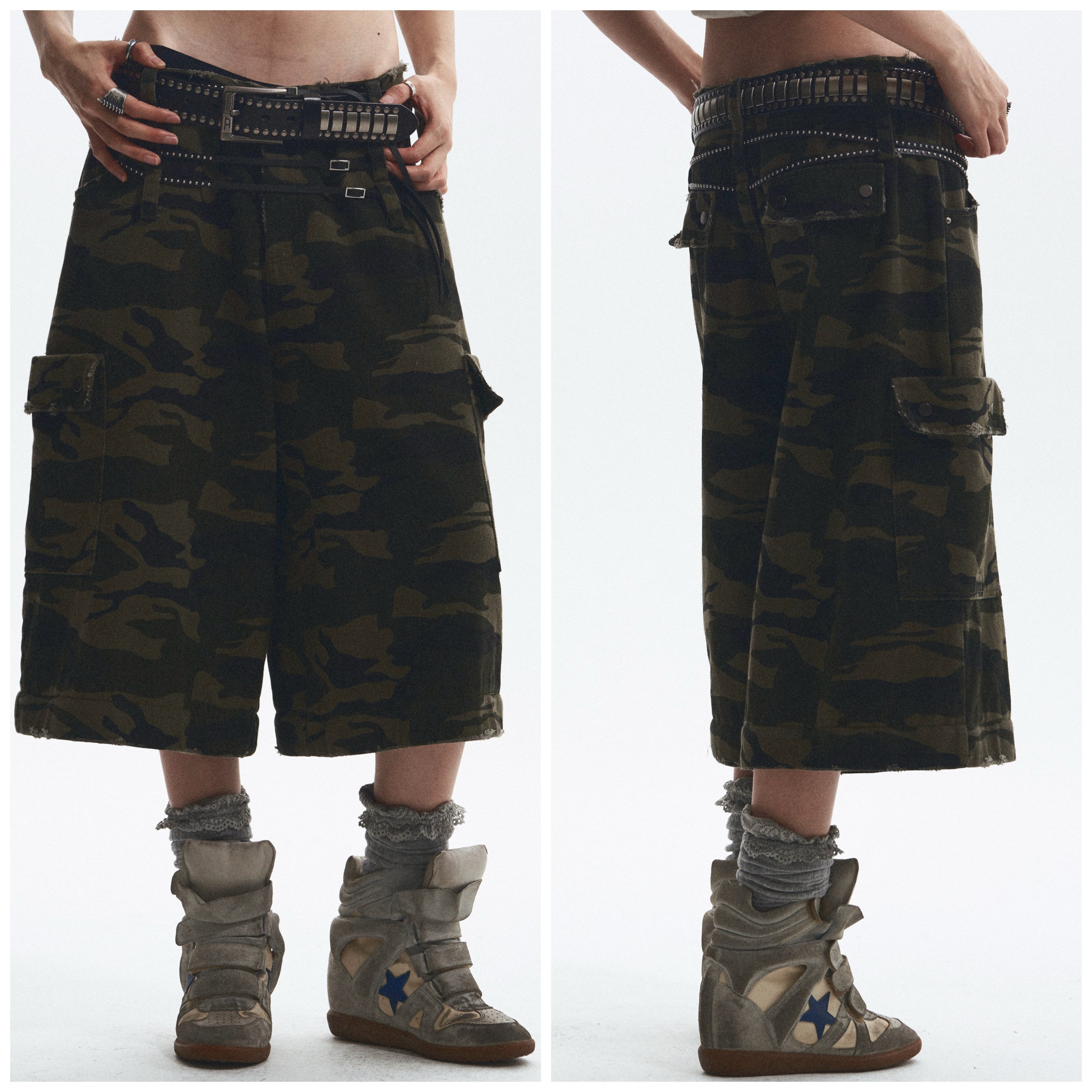Baggy Straight-Leg Camo Pants with Detachable Cuffs (Includes Belt) ｜Presale