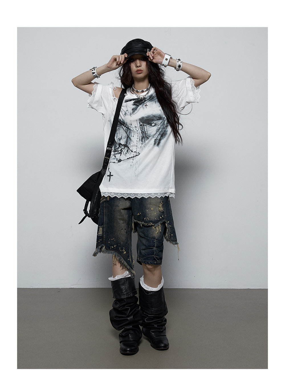 Splicing Lace Strapless Loose T-shirt