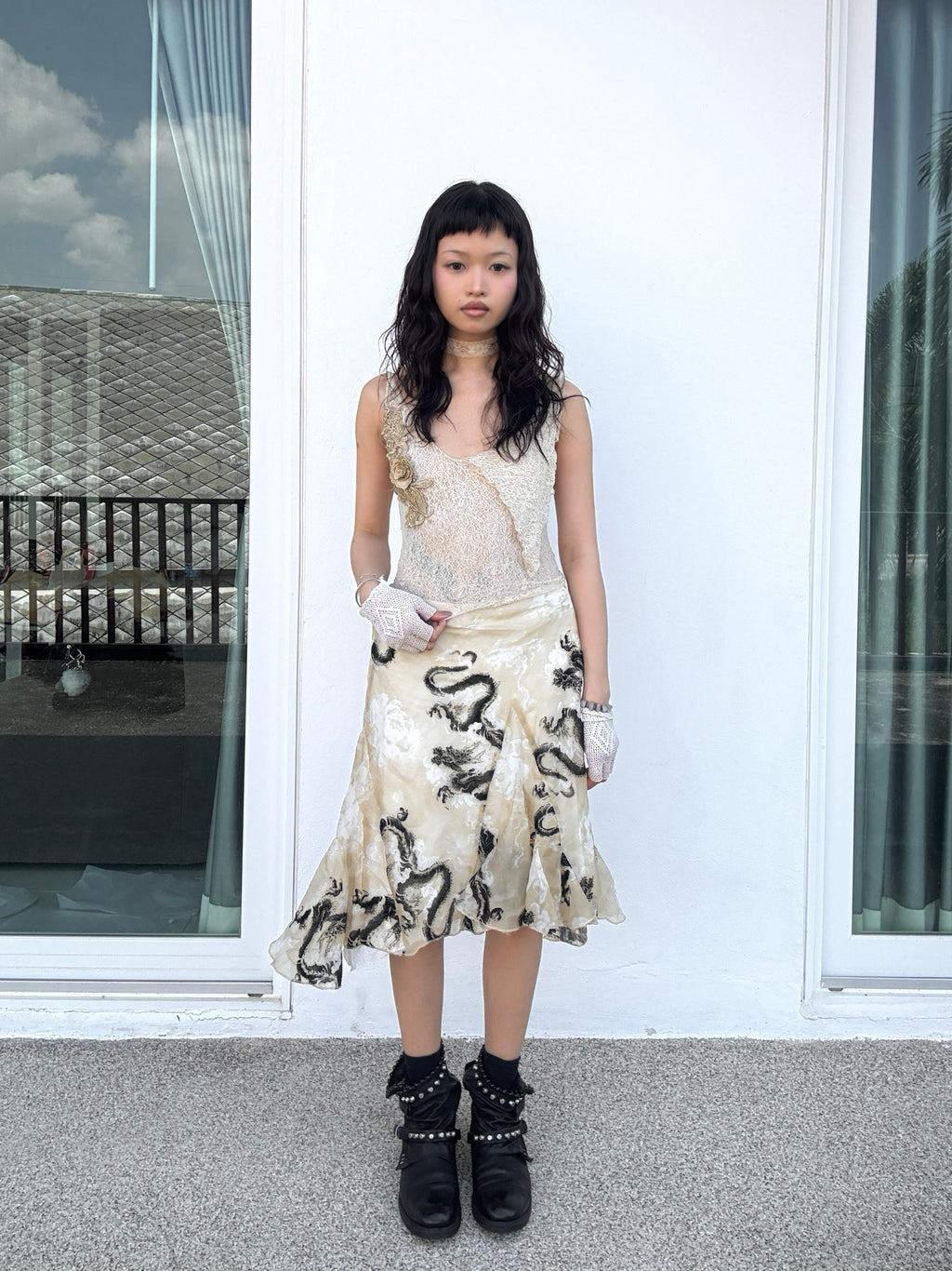 Dragon Print Chiffon Flared Skirt
