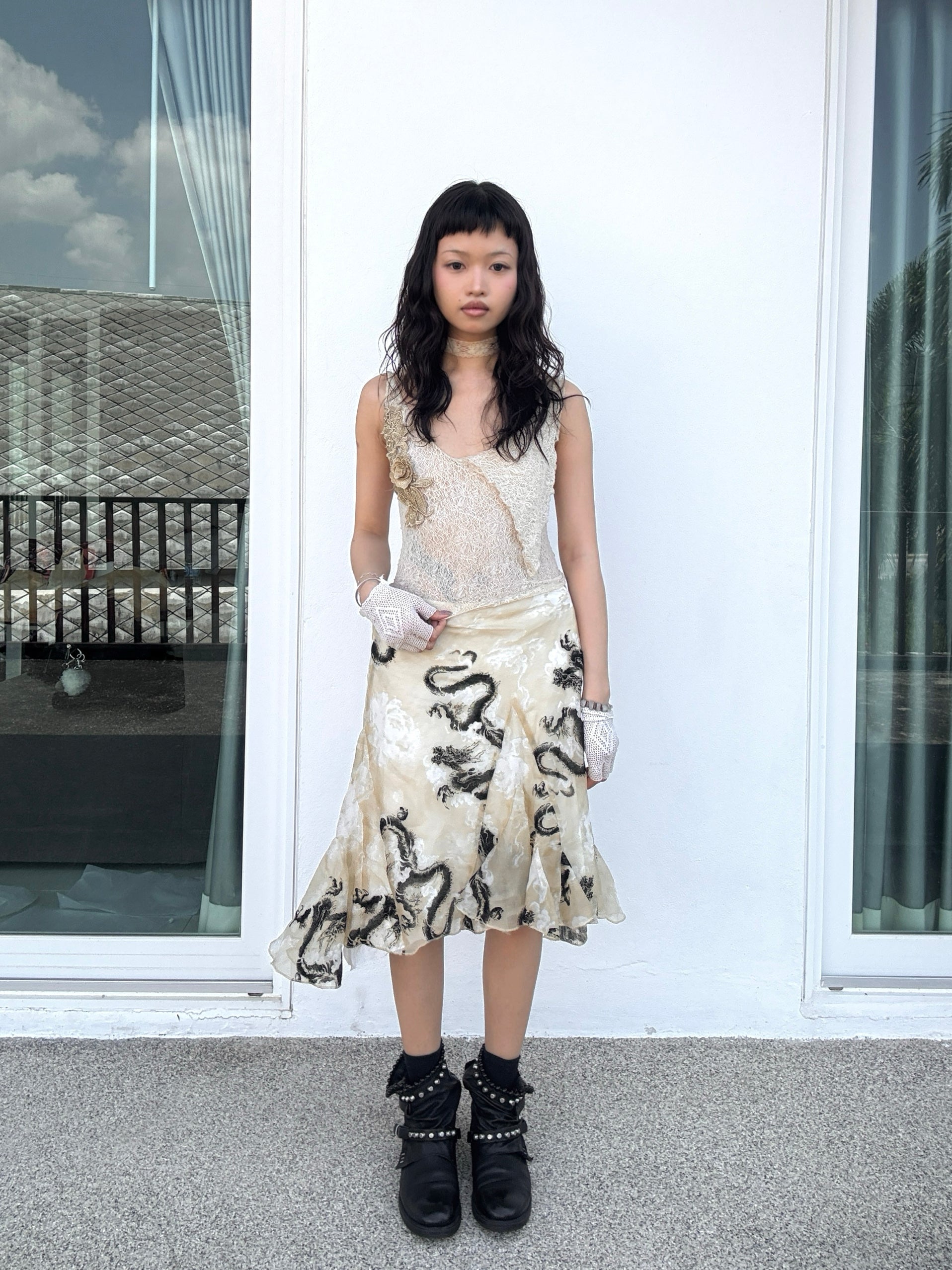 Dragon Print Chiffon Flared Skirt