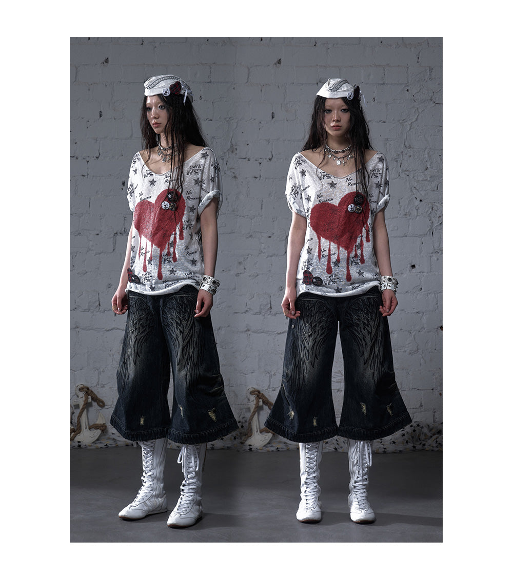 Distressed Print Oversized Tee