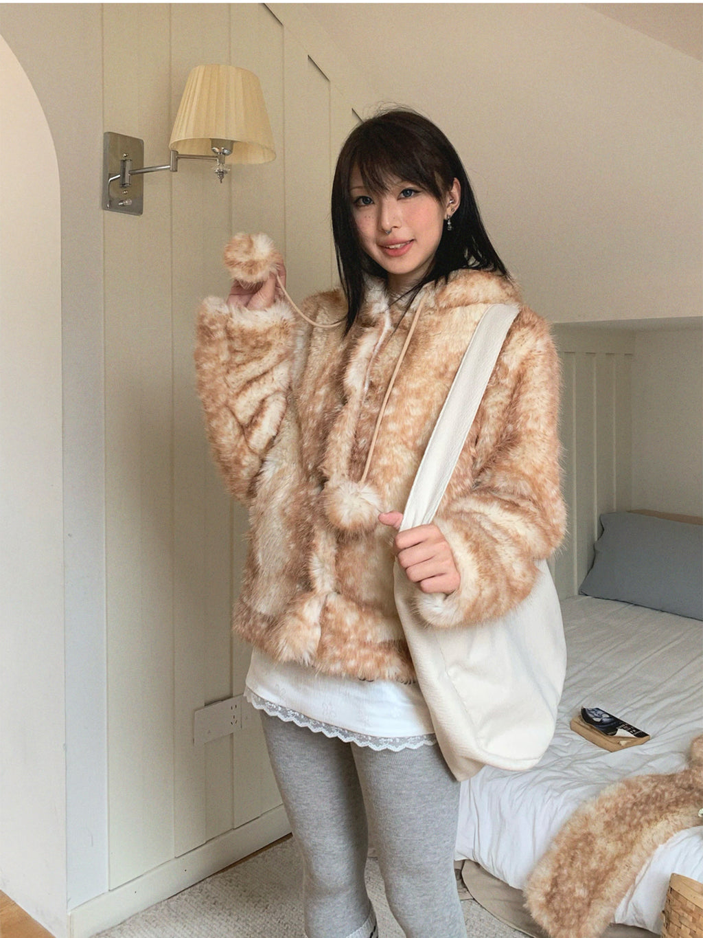 Christmas Reindeer Print Faux Fur Coat