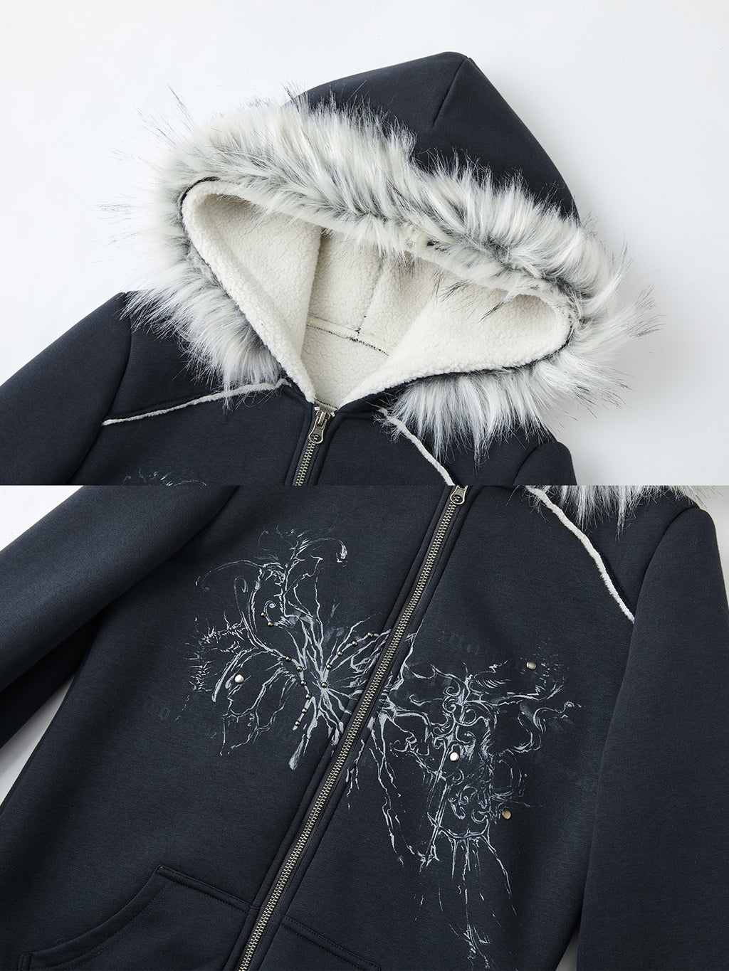 Dark blue retro printed hoodie