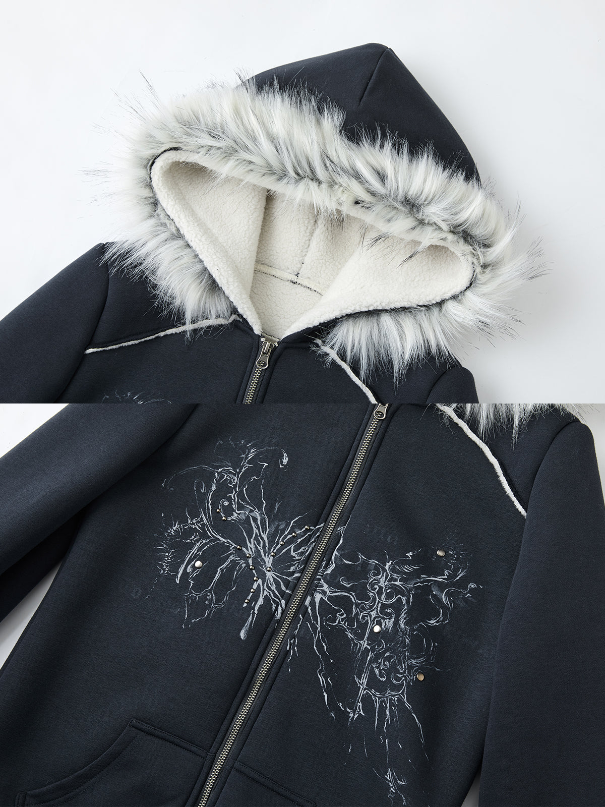 Dark blue retro printed hoodie