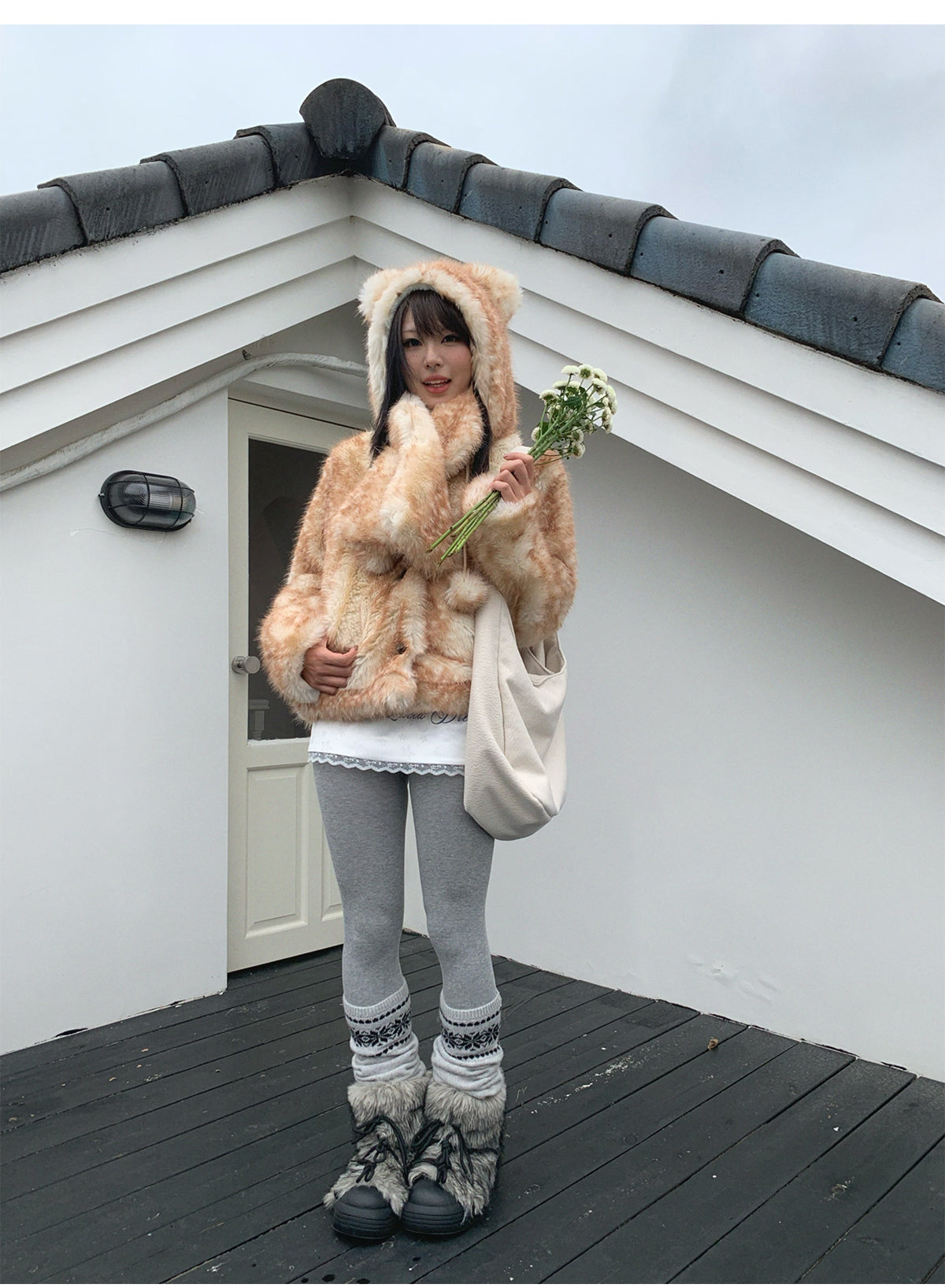 Christmas Reindeer Print Faux Fur Coat