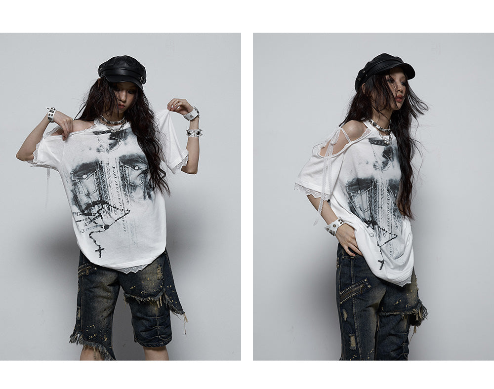 Splicing Lace Strapless Loose T-shirt
