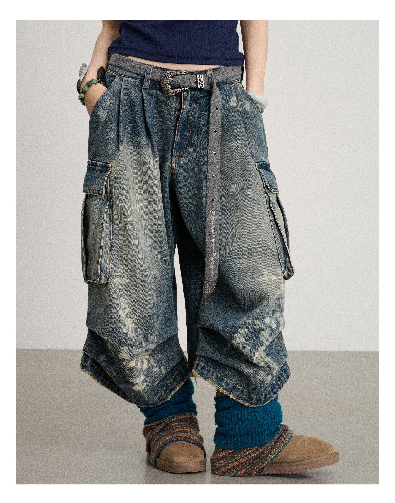 Distressed White Washed Utility Capri Jeans