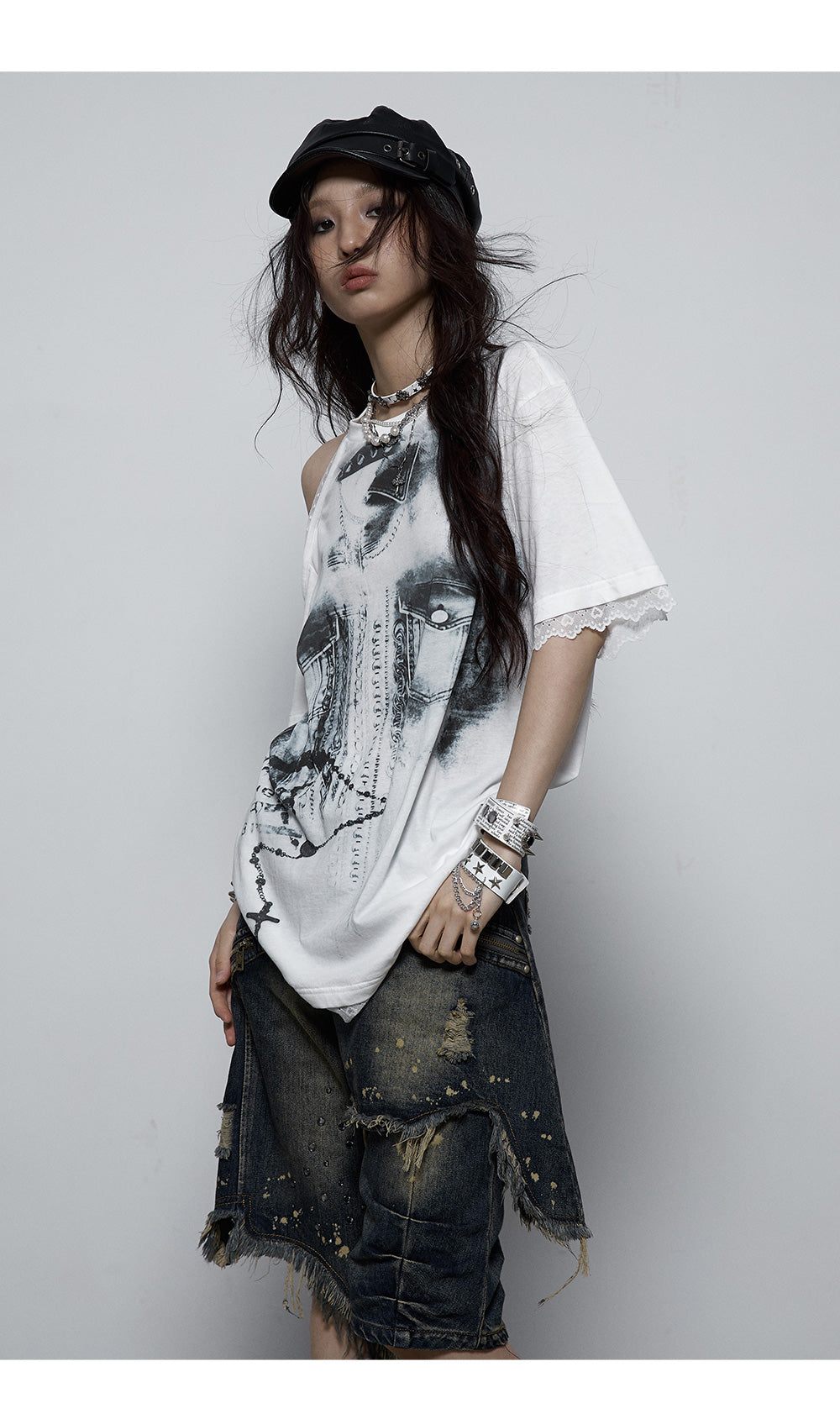 Splicing Lace Strapless Loose T-shirt