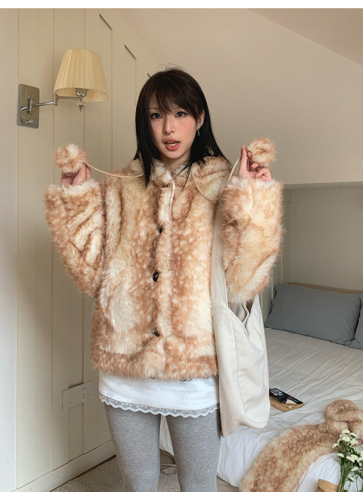 Christmas Reindeer Print Faux Fur Coat