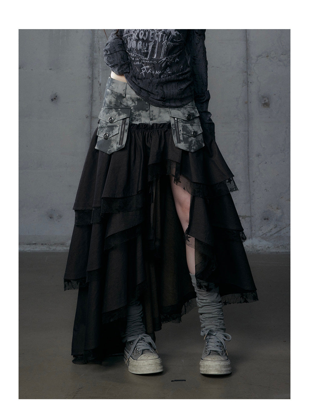 Asymmetrical Heavy-Tiered False Layered Maxi Skirt