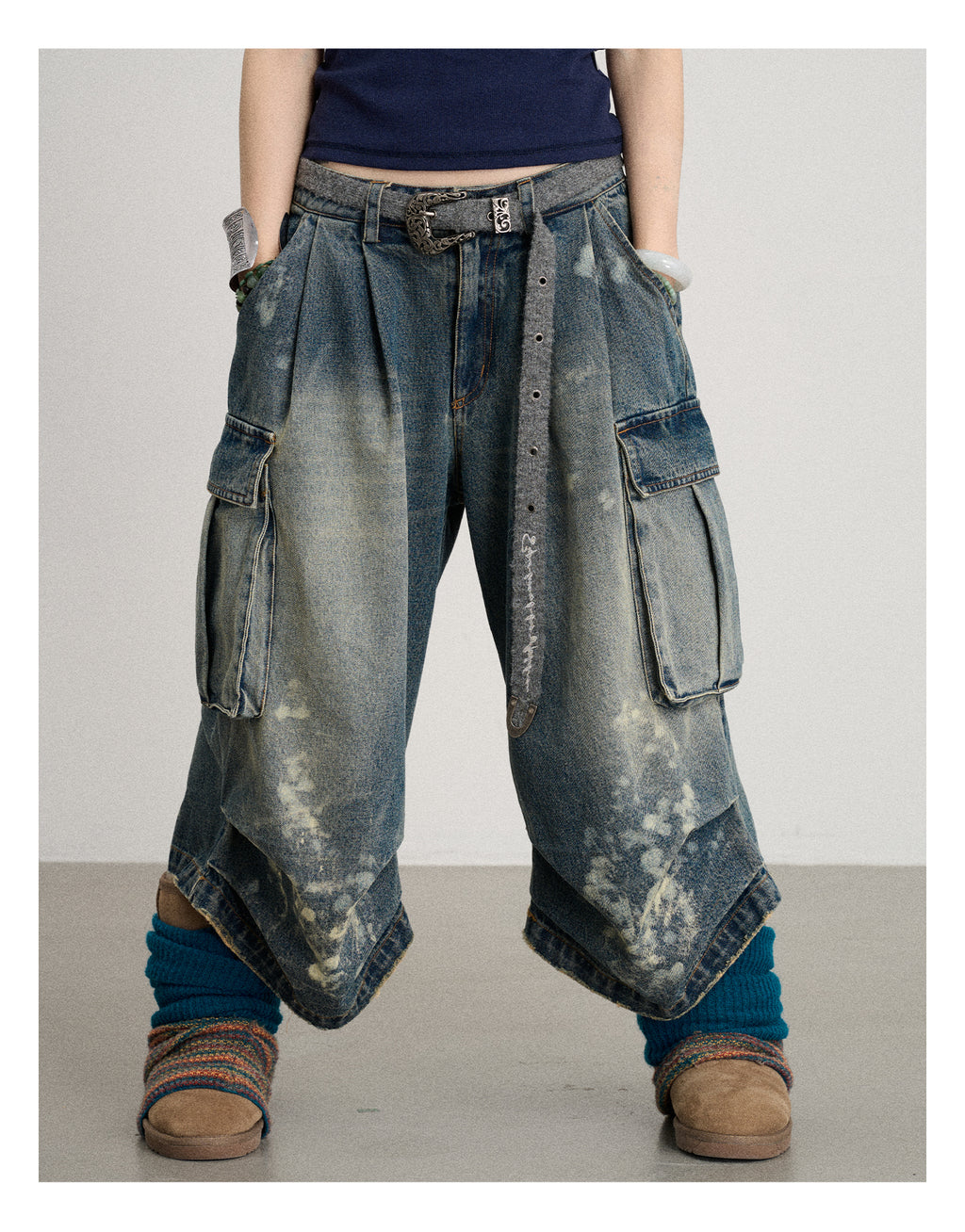 Distressed White Washed Utility Capri Jeans