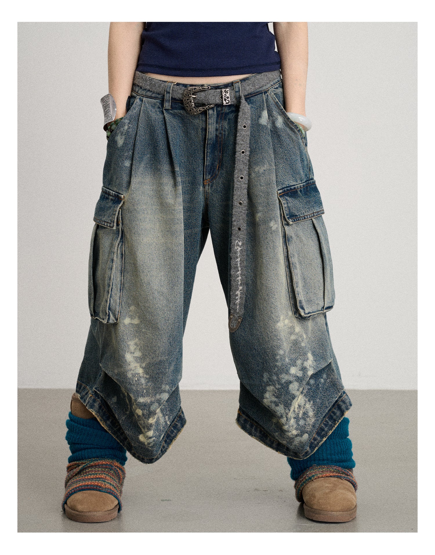 Distressed White Washed Utility Capri Jeans