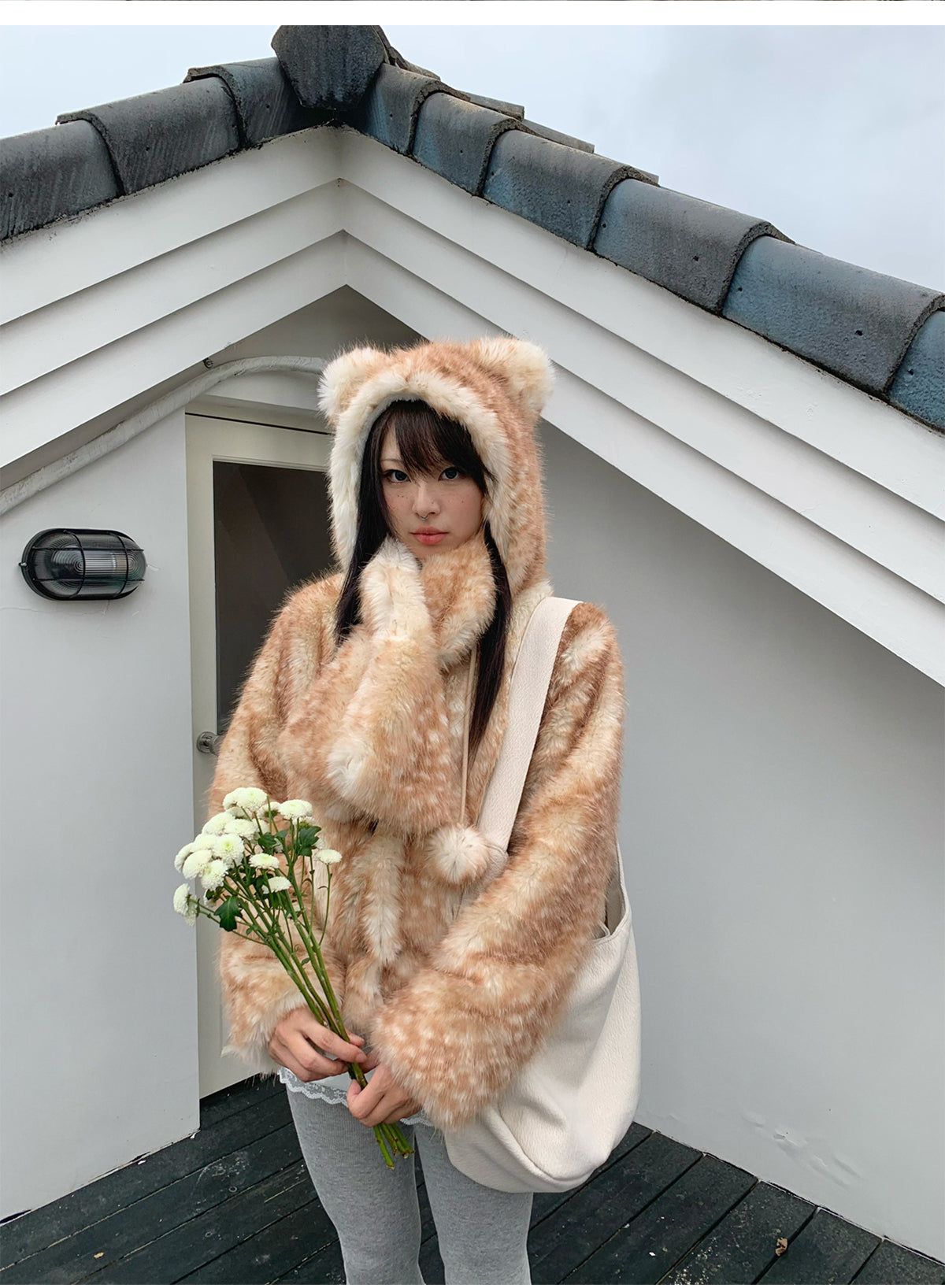 Christmas Reindeer Print Faux Fur Coat