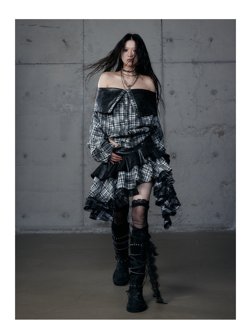 Deconstructed Checkered Waist-Cinching Reversible Leather Hoodie