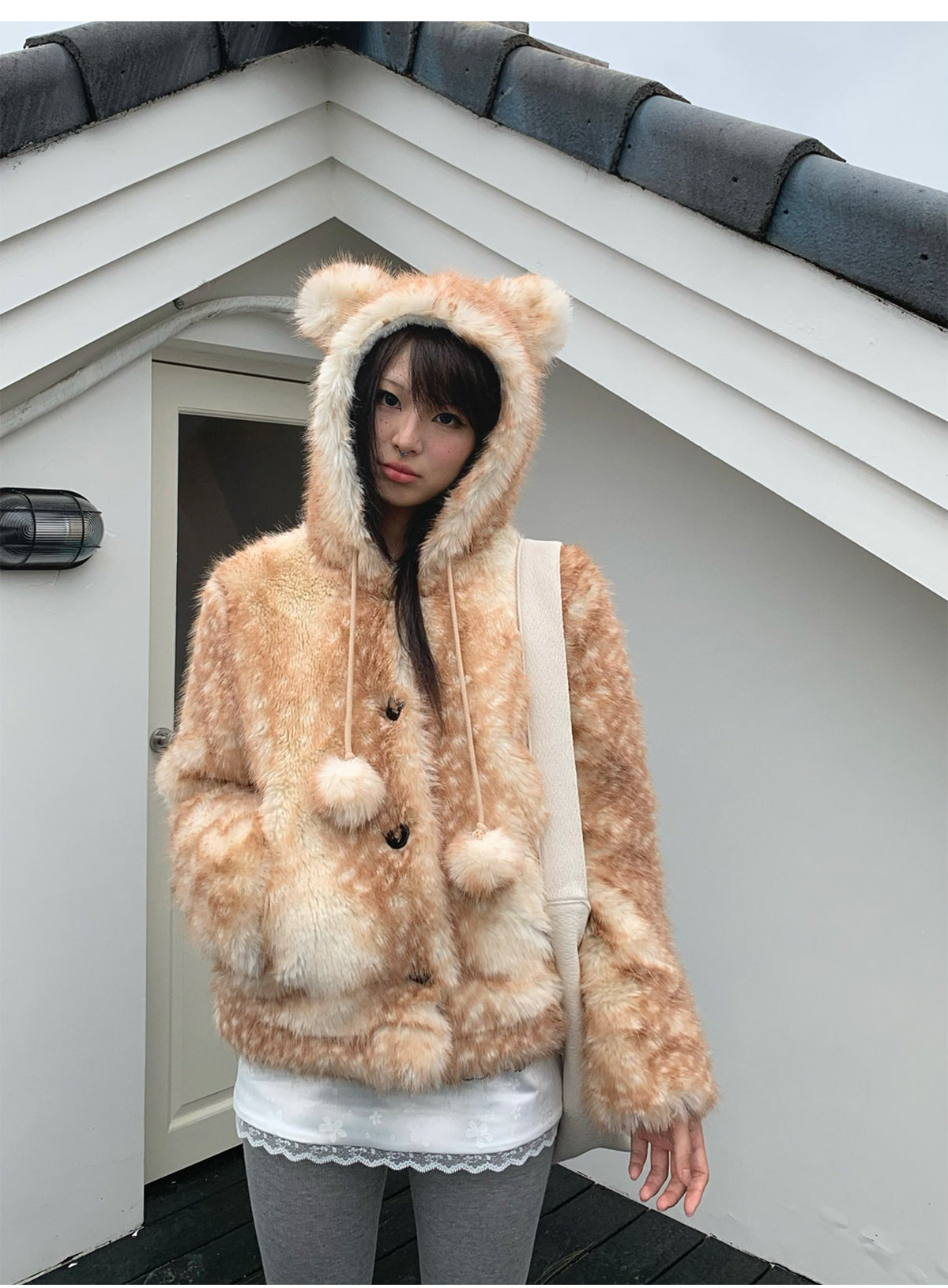 Christmas Reindeer Print Faux Fur Coat