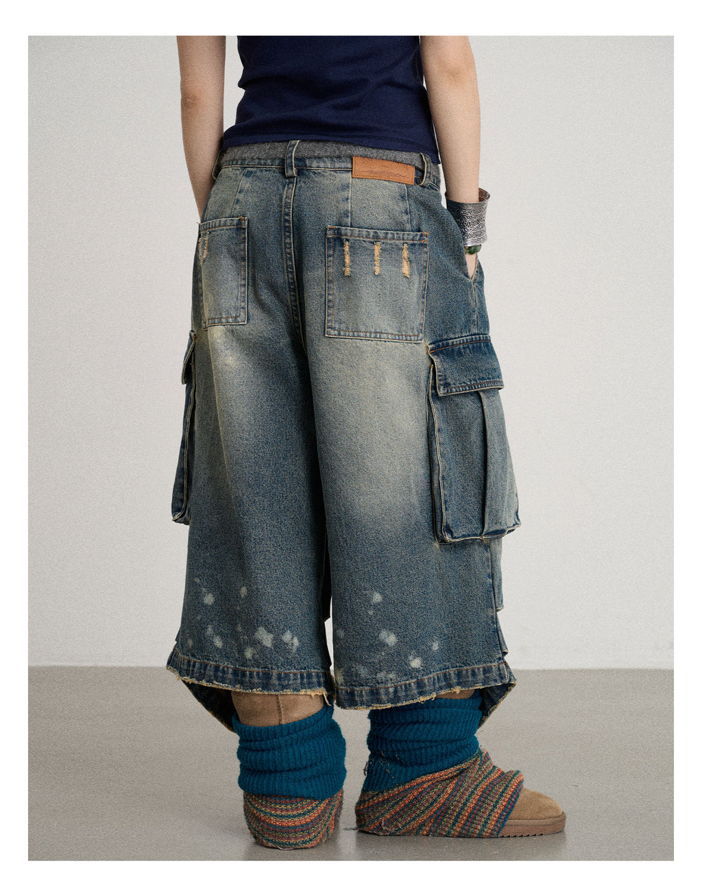 Distressed White Washed Utility Capri Jeans