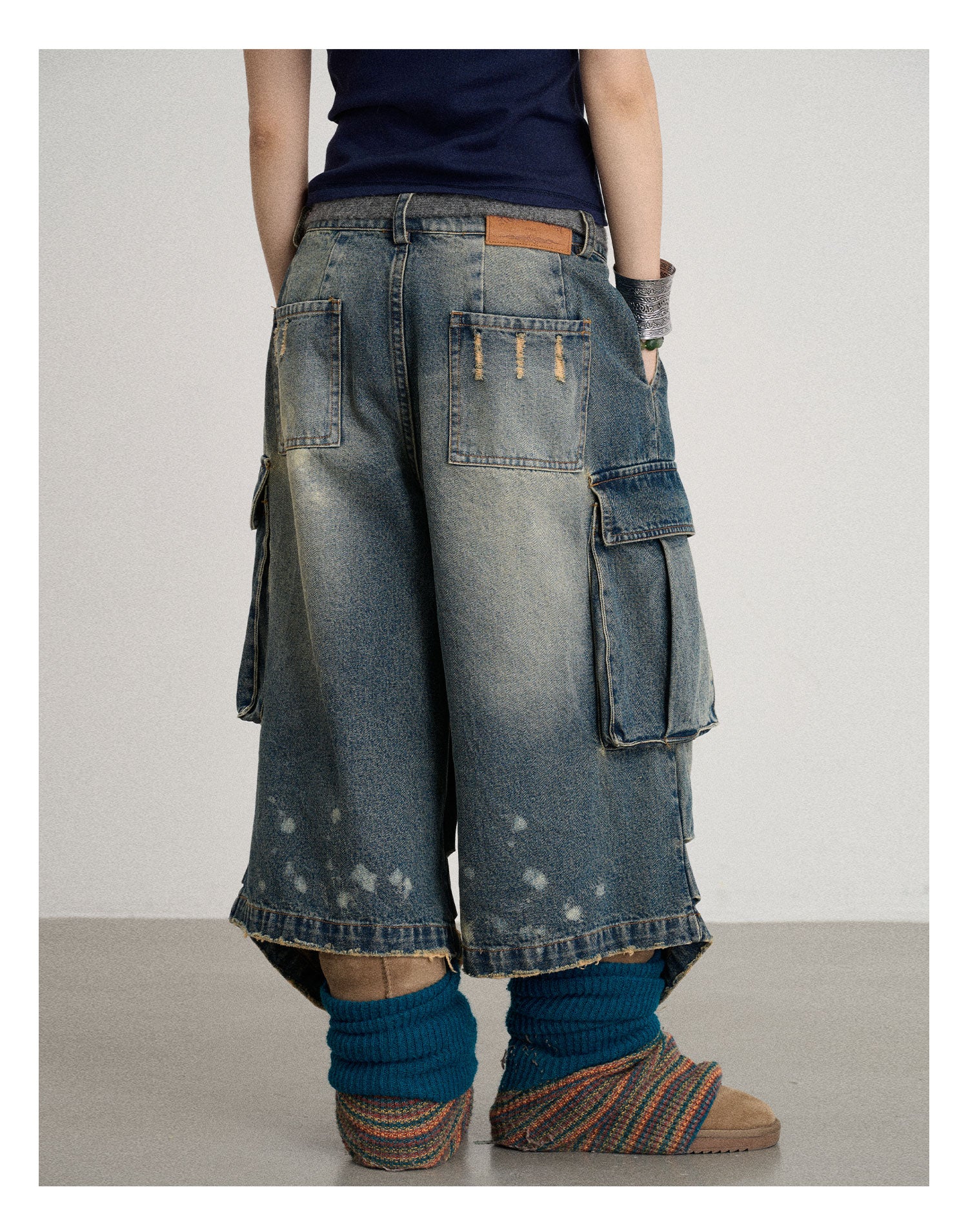 Distressed White Washed Utility Capri Jeans