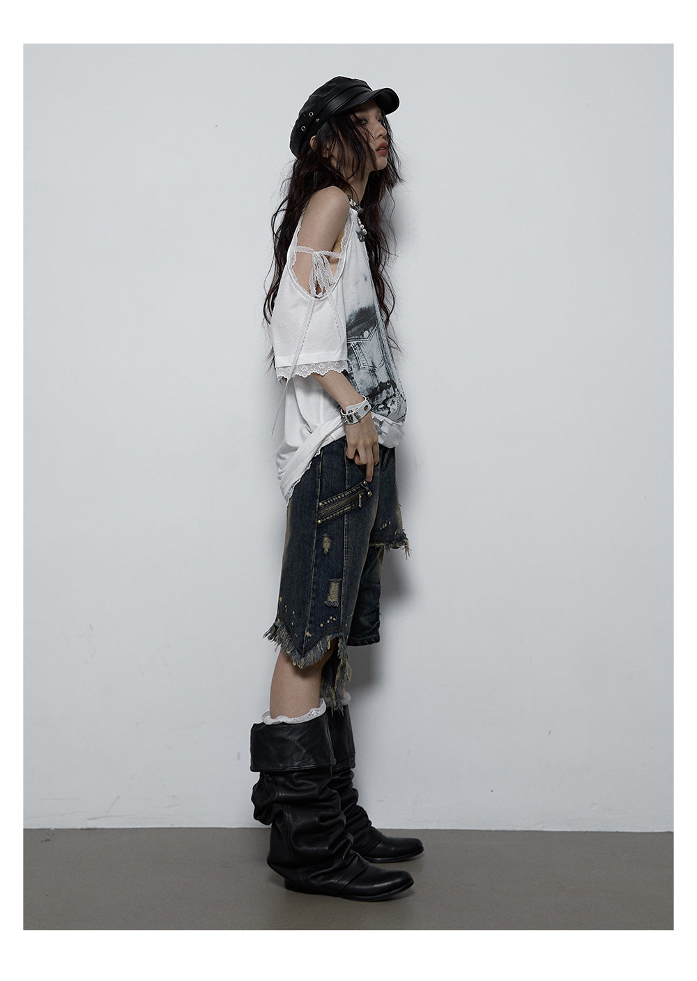 Splicing Lace Strapless Loose T-shirt