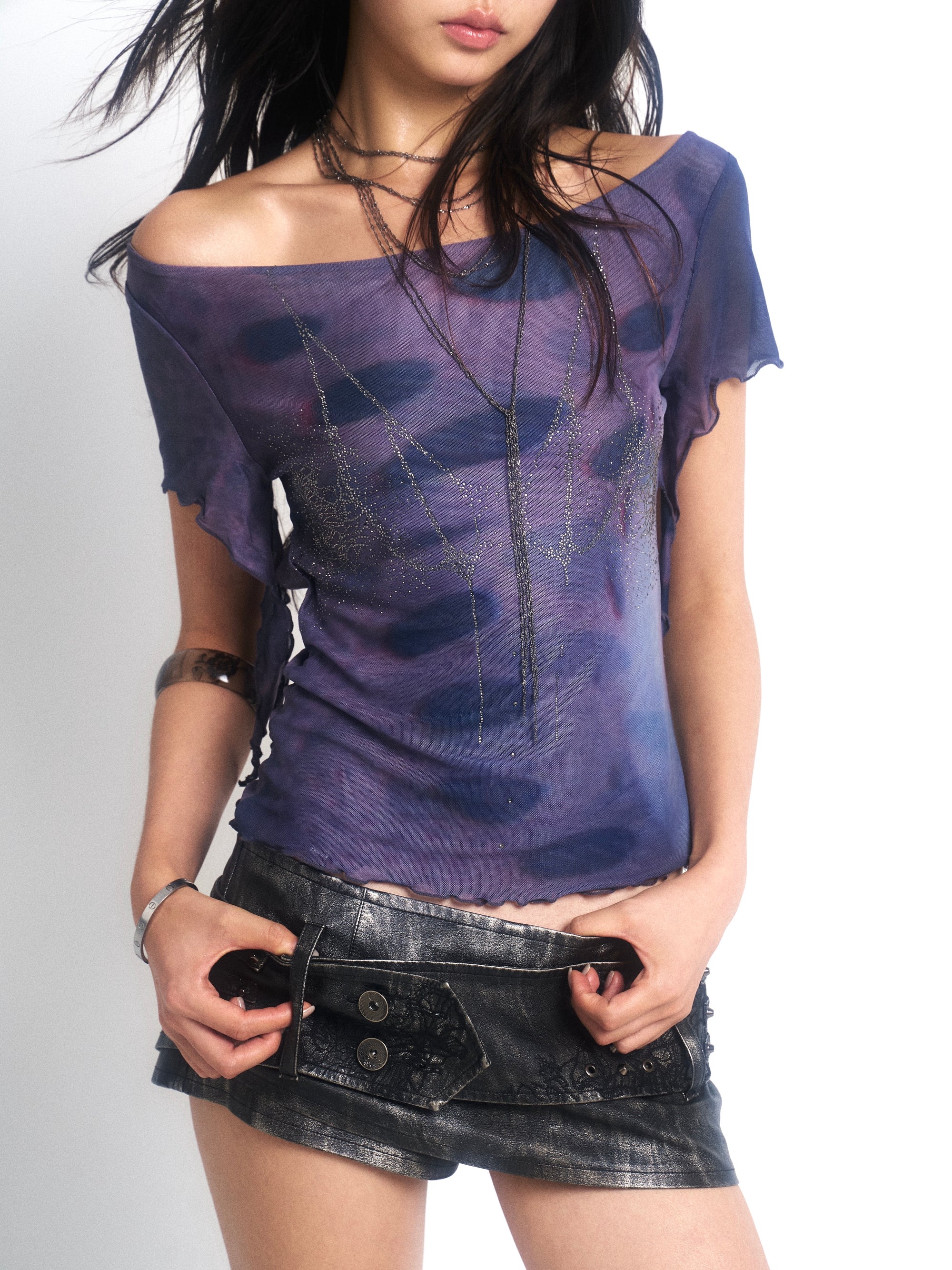 Punk Studded Washed Leather Skort