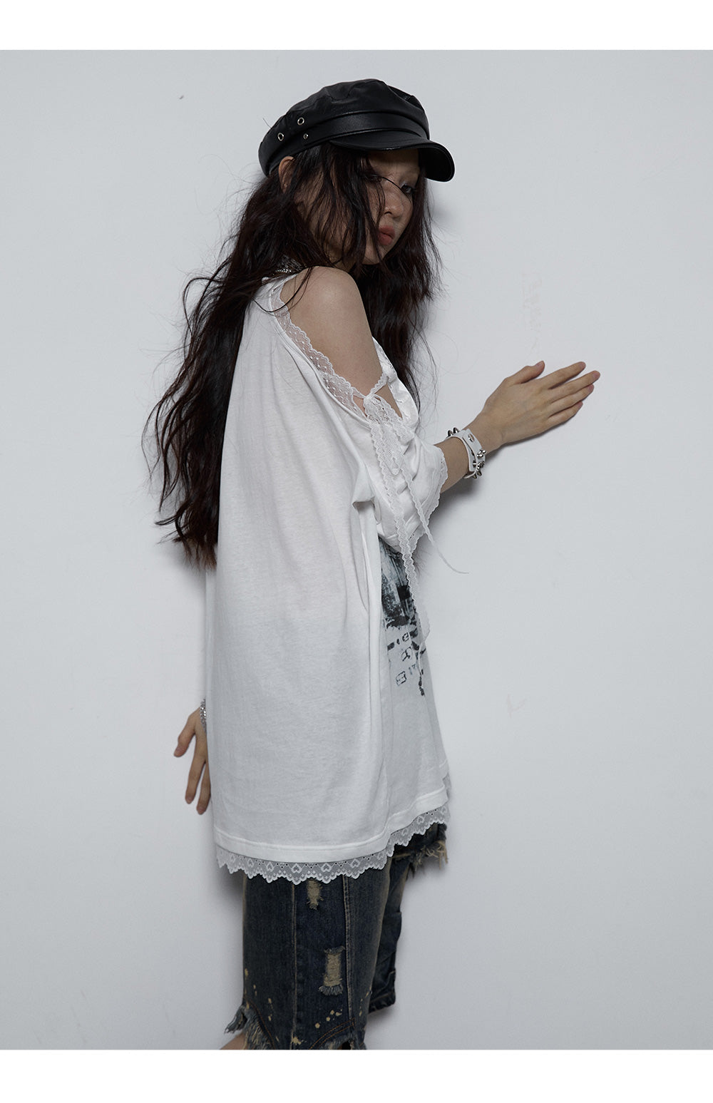 Splicing Lace Strapless Loose T-shirt