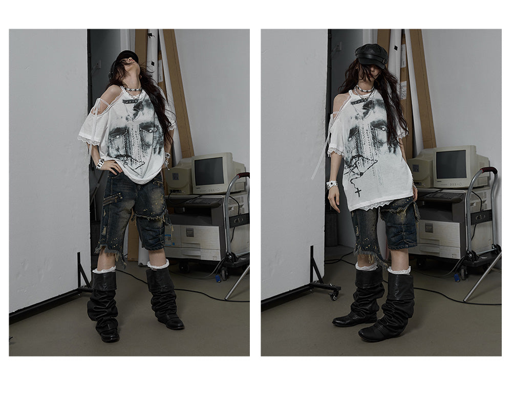 Splicing Lace Strapless Loose T-shirt
