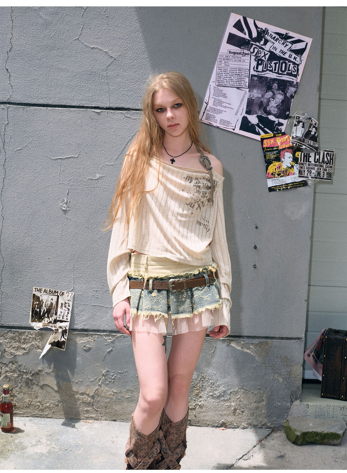 Denim mesh deconstructed pleated skirt