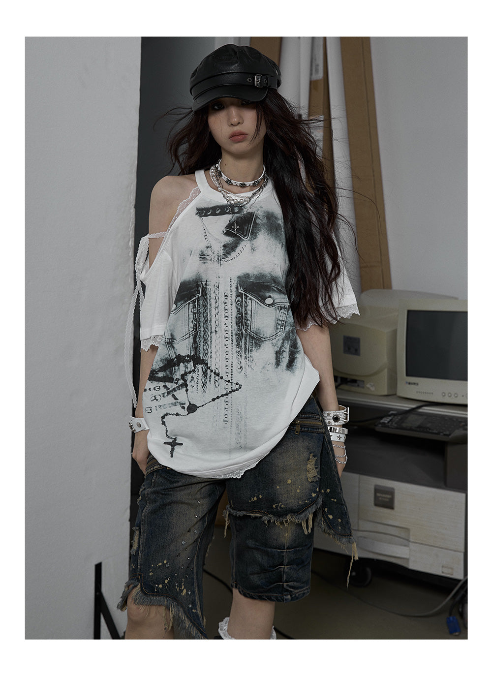 Splicing Lace Strapless Loose T-shirt