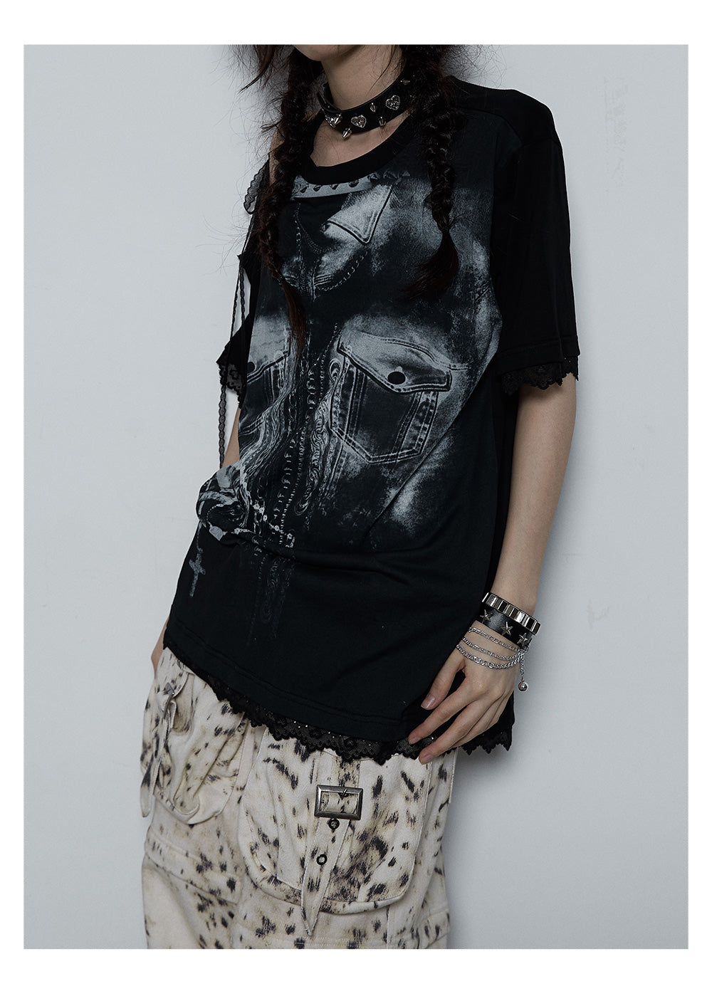 Splicing Lace Strapless Loose T-shirt