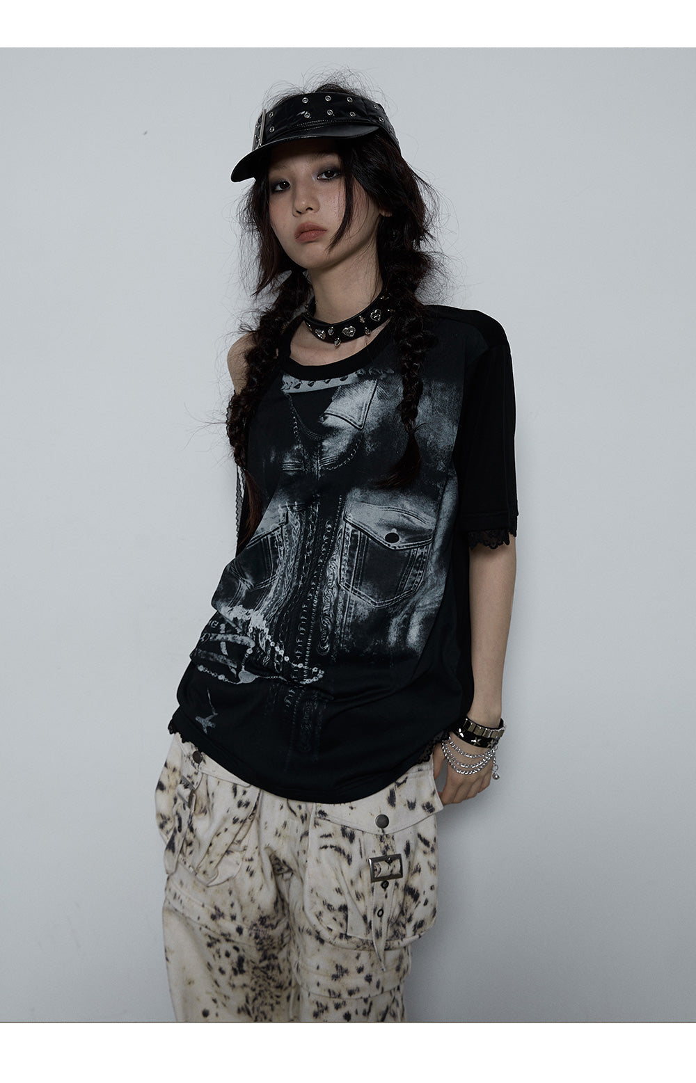 Splicing Lace Strapless Loose T-shirt