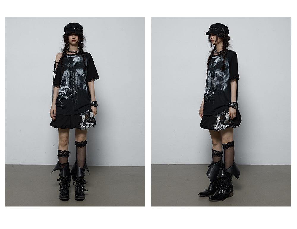 Splicing Lace Strapless Loose T-shirt