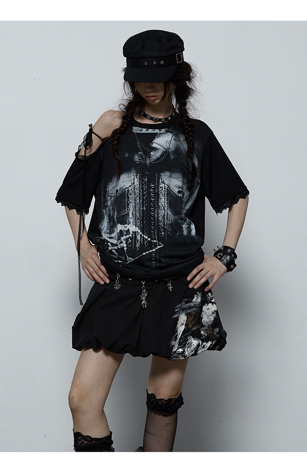 Splicing Lace Strapless Loose T-shirt