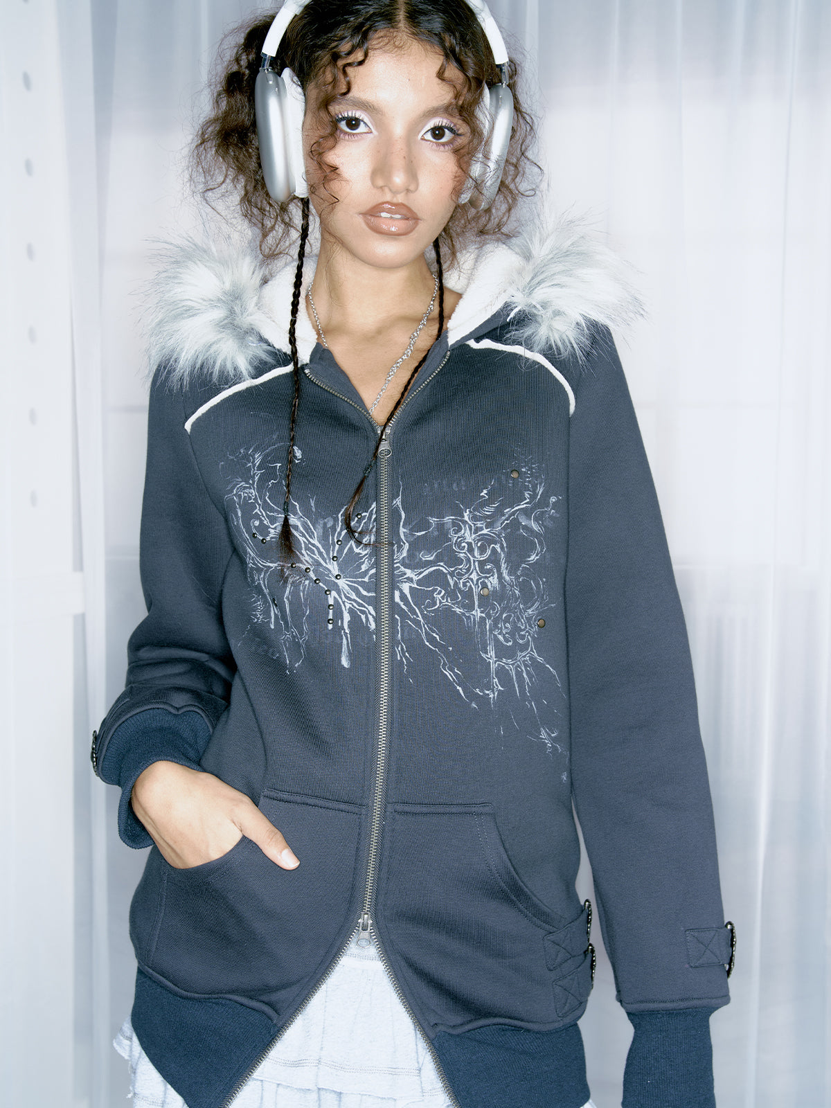 Dark blue retro printed hoodie