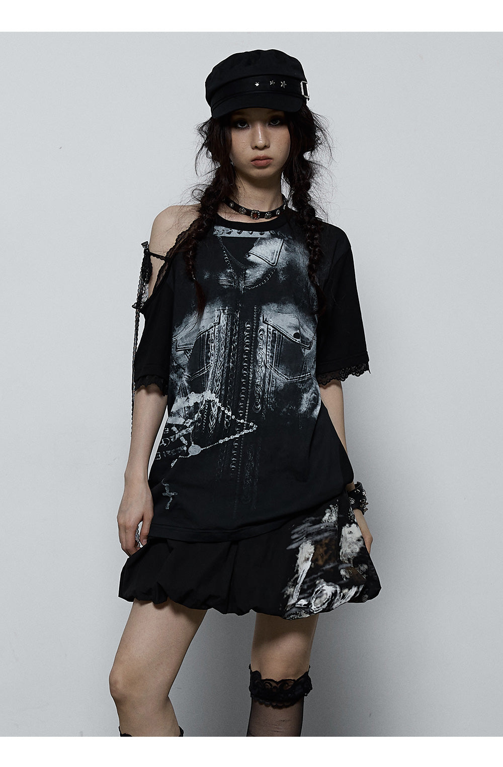 Splicing Lace Strapless Loose T-shirt