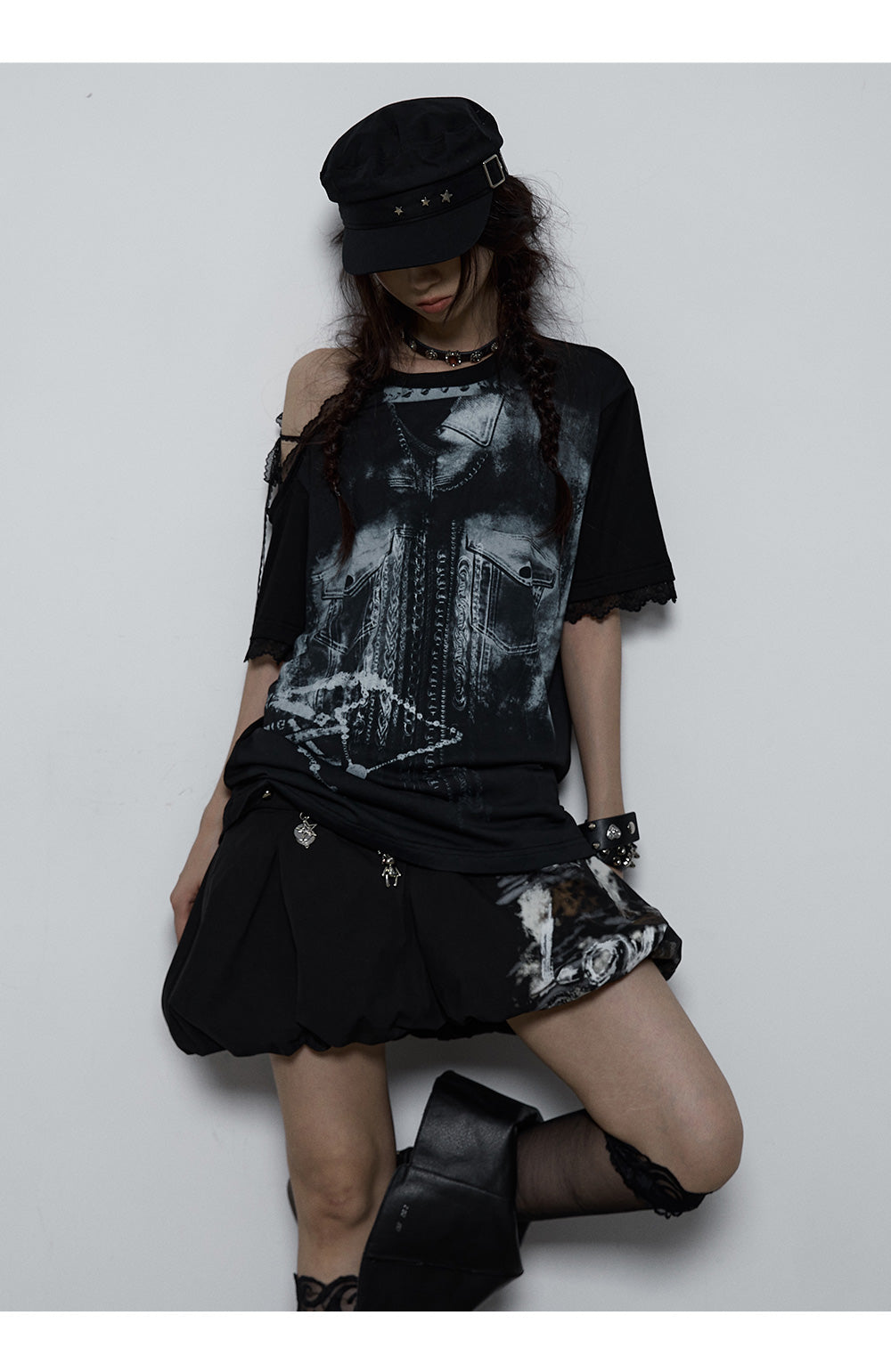 Splicing Lace Strapless Loose T-shirt